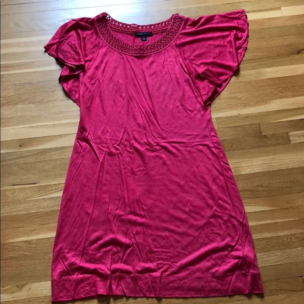 Flutter sleeve crochet neck pink dress
